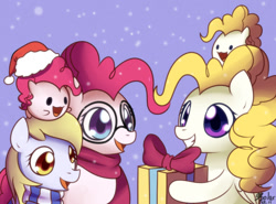 Size: 730x540 | Tagged: safe, artist:solar-slash, derpy hooves, pinkie pie, surprise, earth pony, pony, g1, ask pinkie pie solutions, blob, bow, christmas, chubby, clothes, dreamy, glasses, hat, present, santa hat, scarf, self ponidox, snow, snowfall, younger