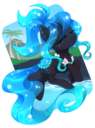 Size: 1024x1385 | Tagged: safe, artist:xnightmelody, oc, oc only, oc:keone, original species, pond pony, beach, eyes closed, female, mare, palm tree, smiling, solo, tree