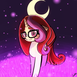 Size: 750x750 | Tagged: safe, artist:lumineko, moondancer, pony, unicorn, amending fences, alternate hairstyle, female, glass, looking at you, loose hair, mare, moon, smiling, solo