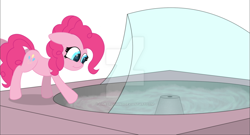 Size: 1024x553 | Tagged: safe, artist:limedreaming, pinkie pie, earth pony, pony, cotton candy, cotton candy machine, micro, simple background, solo, this will end in tears, watermark, white background