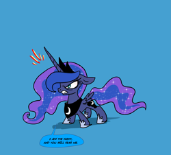 Size: 2415x2181 | Tagged: safe, artist:pencils, princess luna, alicorn, pony, angry, bloodshot eyes, dialogue, floppy ears, frown, glare, gritted teeth, i am the night, simple background, solo, spread wings, tiny, wings