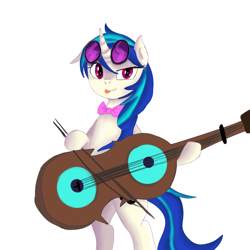 Size: 1000x1000 | Tagged: safe, artist:jbond, artist:lumineko, derpibooru exclusive, edit, dj pon-3, octavia melody, vinyl scratch, earth pony, pony, unicorn, alternate hairstyle, bipedal, bowtie, cello, fusion, glasses, musical instrument, painting, recolor, tavified, tongue out