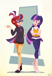 Size: 1400x2023 | Tagged: safe, artist:ajvl, moondancer, twilight sparkle, human, amending fences, book, clothes, duo, female, glasses, humanized, looking at each other, open mouth, pants, shirt, shoes, sweater