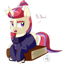 Size: 1800x1800 | Tagged: safe, artist:notenoughapples, moondancer, amending fences, book, glasses off, solo, tsundancer, tsundere