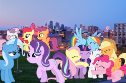 Size: 3024x1998 | Tagged: safe, artist:8-notes, artist:dashiesparkle, artist:logan859, artist:tardifice, artist:techrainbow, edit, apple bloom, applejack, fluttershy, pinkie pie, rainbow dash, rarity, scootaloo, starlight glimmer, sweetie belle, trixie, twilight sparkle, twilight sparkle (alicorn), alicorn, earth pony, pony, cutie mark, cutie mark crusaders, female, filly, giant pony, giant rainbow dash, giant starlight glimmer, giant/macro cutie mark crusaders, irl, kansas city, macro, mane six, mega trixie, mega twilight sparkle, mega/giant rainbow dash, photo, ponies in real life, the cmc's cutie marks