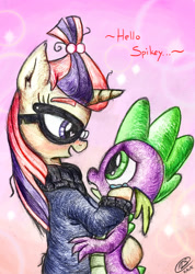 Size: 1024x1436 | Tagged: safe, artist:loreto-arts, moondancer, spike, dragon, pony, unicorn, amending fences, female, heart eyes, male, mare, shipping, spikedancer, straight, traditional art, wingding eyes