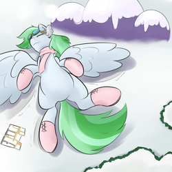 Size: 2500x2500 | Tagged: safe, artist:mrrowboat, oc, oc only, oc:spearmint, pegasus, pony, clothes, commission, eyes closed, female, giant pegasus, giant pony, macro, mare, playing, scarf, snow, solo