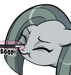 Size: 560x589 | Tagged: safe, artist:pencils, marble pie, earth pony, pony, comic:marble mare manquee, boop, cute, eyes closed, female, implied trixie, levitation, magic, magic wand, marblebetes, mare, non-consensual booping, offscreen character, scrunchy face, simple background, solo, telekinesis, transparent background