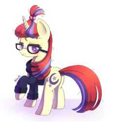 Size: 655x700 | Tagged: safe, artist:riouku, moondancer, pony, clothes, female, frown, glasses, looking at you, looking back, mare, nerdbutt, plot, raised hoof, shirt, solo, sweater