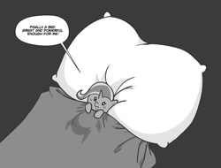 Size: 1449x1104 | Tagged: safe, artist:pencils, trixie, pony, unicorn, bed, dialogue, female, in bed, mare, mimir, on back, pillow, smol, solo