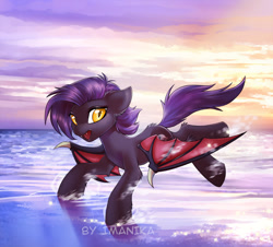 Size: 830x749 | Tagged: safe, artist:imanika, oc, oc only, oc:dawn sentry, bat pony, pony, bat pony oc, commission, fangs, female, mare, open mouth, slit eyes, solo, water, wing claws, ych result