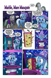 Size: 1268x1920 | Tagged: safe, artist:pencils, marble pie, trixie, earth pony, insect, moth, pony, unicorn, comic:marble mare manquee, blushing, butt, cape, clothes, comic, cute, dress, duo, female, fishnets, hat, implied death, implied murder, lip bite, marblebetes, mare, now you fucked up, plot, speech bubble, stage, stockings, sweat, sweatdrops, sword, thigh highs, this will end in death, this will end in jail time, this will end in tears, this will end in tears and/or death, top hat, underhoof, weapon