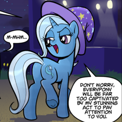 Size: 700x700 | Tagged: safe, artist:pencils, edit, trixie, comic:marble mare manquee, butt, clothes, cutie mark, dialogue, hat, plot, solo, speech bubble, stage, trixie's hat, walking