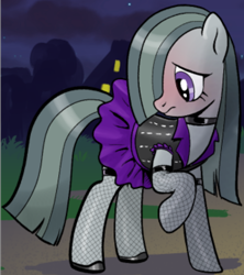 Size: 610x687 | Tagged: safe, artist:pencils, edit, marble pie, earth pony, pony, comic:marble mare manquee, blushing, clothes, cropped, cute, dress, female, fishnet stockings, marblebetes, mare, solo, stockings, thigh highs