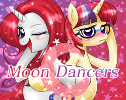 Size: 1000x800 | Tagged: safe, artist:jurisalis, moondancer, pony, amending fences, bipedal, blushing, duality, frown, glasses, open mouth, pixiv, smiling, sparkles, square crossover, stars, wavy mouth, wink