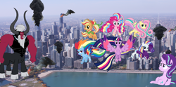 Size: 3616x1796 | Tagged: safe, artist:logan859, artist:masem, artist:reginault, artist:vector-brony, applejack, fluttershy, lord tirek, pinkie pie, rainbow dash, rarity, starlight glimmer, twilight sparkle, twilight sparkle (alicorn), alicorn, earth pony, pony, chicago, giant pony, highrise ponies, illinois, irl, macro, mane six, photo, ponies in real life, rainbow power