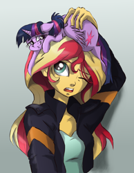 Size: 1400x1800 | Tagged: safe, artist:buttersprinkle, sunset shimmer, twilight sparkle, twilight sparkle (alicorn), human, pony, equestria girls, crashlight, cute, duo, floppy ears, gradient background, hat, looking up, micro, one eye closed, open mouth, pony hat, redone, sheepish grin, shimmerbetes, size difference, tiny ponies, twiabetes