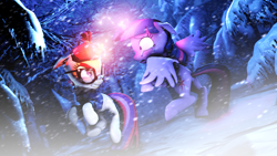 Size: 1920x1080 | Tagged: safe, artist:sourcerabbit, moondancer, twilight sparkle, twilight sparkle (alicorn), alicorn, pony, unicorn, 3d, bad end, blizzard, female, fight, mare, snow, snowfall, source filmmaker, tree, winter