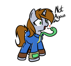 Size: 828x776 | Tagged: safe, artist:neuro, oc, oc only, oc:littlepip, pony, snake, unicorn, fallout equestria, danger noodle, dialogue, fallout, female, heart, mare, no pupils, notice me senpai, pipbuck, simple background, solo, tongue out, transparent background, vault suit