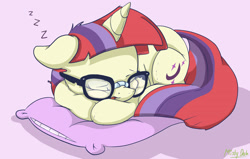 Size: 2145x1363 | Tagged: dead source, safe, artist:mistydash, moondancer, pony, unicorn, backwards cutie mark, cute, daaaaaaaaaaaw, dancerbetes, eyes closed, female, floppy ears, glasses, hnnng, mare, open mouth, pillow, prone, sleeping, solo, zzz