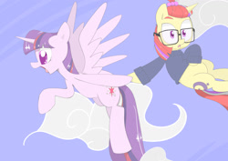 Size: 1403x992 | Tagged: safe, artist:ukingu, moondancer, twilight sparkle, twilight sparkle (alicorn), alicorn, pony, amending fences, female, flying, glasses, mare