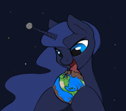 Size: 2000x1769 | Tagged: safe, artist:wolfenstyle, princess luna, alicorn, pony, earth, edible heavenly object, giant pony, licking, macro, moon, pony bigger than a planet, solo, space, tongue out, xk-class end-of-the-world scenario