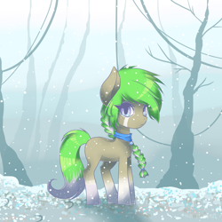 Size: 1000x1000 | Tagged: safe, artist:halcyondrop, oc, oc only, oc:tigris andante, snow, solo, tree, winter