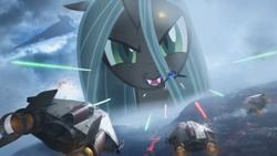 Size: 1978x1113 | Tagged: safe, artist:huntergiantesses, queen chrysalis, changeling, changeling queen, a-wing, fangs, giantess, glare, macro, open mouth, rebel alliance, smirk, spaceship, star destroyer, star wars, star wars battlefront, we are doomed