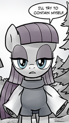 Size: 212x374 | Tagged: safe, artist:pencils, maud pie, earth pony, pony, comic:anon's pie adventure, cropped, dialogue, female, mare, monochrome, neo noir, open mouth, partial color, reaction image, solo, speech bubble