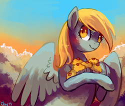 Size: 1280x1085 | Tagged: safe, artist:cherivinca, derpy hooves, pegasus, pony, blushing, cloud, food, muffin, scrunchy face, sky, solo, wavy mouth