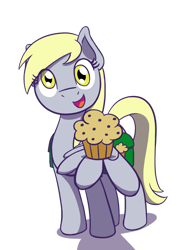 Size: 1280x1707 | Tagged: safe, artist:flutterluv, derpy hooves, pegasus, pony, food, looking at you, muffin, saddle bag, simple background, smiling, solo, transparent background