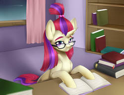 Size: 3300x2550 | Tagged: safe, artist:noodlefreak88, moondancer, pony, unicorn, book, female, glasses, mare, shooting star, solo