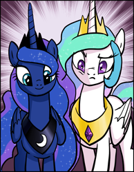 Size: 1071x1380 | Tagged: safe, artist:pencils, color edit, edit, princess celestia, princess luna, alicorn, pony, colored, duo, female, mare, royal sisters, varying degrees of want