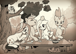 Size: 2508x1771 | Tagged: safe, artist:pencils, derpibooru import, fluttershy, marble pie, tempest shadow, oc, oc:blue waffle, cat, earth pony, owl, pegasus, pony, unicorn, broken horn, bush, chair, commission, cup, digital art, eating, eye scar, eyes closed, female, food, hat, high res, male, mare, monochrome, nudity, open mouth, outdoors, quartet, saucer, scar, sitting, smiling, stallion, table, tea, tea party, teacup, top hat, tree