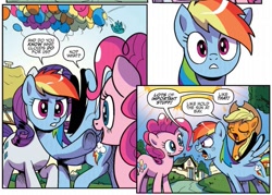 Size: 915x654 | Tagged: safe, artist:pencils, derpibooru import, idw, applejack, pinkie pie, rainbow dash, rarity, earth pony, pegasus, pony, unicorn, spoiler:comic, spoiler:comic69, angry, balloon, comic, cropped, female, mare, official comic, speech bubble, sun