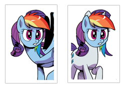 Size: 730x518 | Tagged: safe, artist:pencils, derpibooru import, edit, idw, rainbow dash, rarity, pegasus, pony, unicorn, spoiler:comic, spoiler:comic69, female, mare, mask, wig