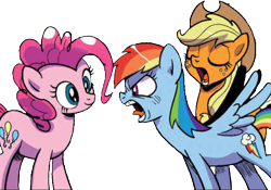 Size: 442x309 | Tagged: safe, artist:pencils, derpibooru import, idw, applejack, pinkie pie, rainbow dash, earth pony, pegasus, pony, spoiler:comic, spoiler:comic69, background removed, female, hat, mare, official comic, simple background, transparent background, trio