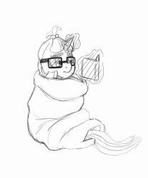 Size: 1197x1440 | Tagged: safe, artist:trickydick, moondancer, blanket, blanket burrito, book, cute, magic, monochrome, reading, sketch, solo