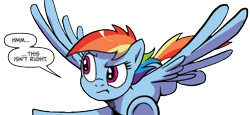 Size: 622x285 | Tagged: safe, artist:pencils, derpibooru import, idw, rainbow dash, pegasus, pony, spoiler:comic, spoiler:comic69, background removed, female, flying, mare, official comic, puzzled, reaction image, simple background, solo, spread wings, transparent background, wings, worried smile