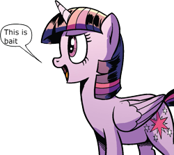 Size: 1019x910 | Tagged: safe, artist:pencils, edit, idw, twilight sparkle, twilight sparkle (alicorn), alicorn, pony, spoiler:comic, spoiler:comic69, background removed, female, mare, official comic, reaction image, simple background, solo, speech bubble, the magic is gone, this is bait, transparent background