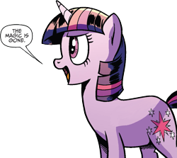 Size: 1019x910 | Tagged: safe, artist:pencils, edit, edited edit, idw, twilight sparkle, unicorn twilight, pony, unicorn, spoiler:comic, spoiler:comic69, background removed, female, mare, meme, official comic, reaction image, simple background, solo, speech bubble, the magic is gone, transparent background, wingless, wingless edit