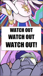 Size: 697x1222 | Tagged: safe, artist:pencils, limestone pie, princess celestia, twilight sparkle, alicorn, pony, comic:anon's pie adventure, comic, dock, eye bulging, falling, image macro, imminent facesitting, meme, plot, randy orton, rko outta nowhere, sunbutt, wwe