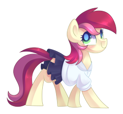 Size: 3600x3336 | Tagged: safe, artist:drawntildawn, roseluck, earth pony, pony, blushing, clothes, colored pupils, cute, female, mare, simple background, skirt, skirt lift, smiling, solo, transparent background, walking