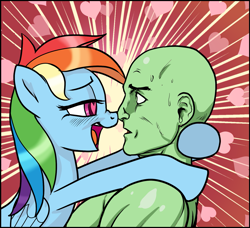 Size: 1613x1473 | Tagged: safe, artist:pencils, color edit, derpibooru import, edit, rainbow dash, oc, oc:anon, human, pony, comic:anon's pie adventure, blushing, boop, colored, comic, heart, heart eyes, human fetish, noseboop, open mouth, sweat, textless, wingding eyes