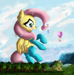 Size: 1976x2000 | Tagged: safe, artist:shogundun, fluttershy, pinkie pie, twilight sparkle, twilight sparkle (alicorn), alicorn, pegasus, pony, clothes, fluttershy's cottage, giant pony, hot air balloon, macro, open mouth, scenery, signature, socks, solo, tree