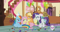 Size: 1440x762 | Tagged: safe, screencap, applejack, fluttershy, rainbow dash, rarity, earth pony, pegasus, pony, unicorn, maud pie (episode), chubby, hub logo, meme, rock candy, stuffed, weight gain, youtube caption