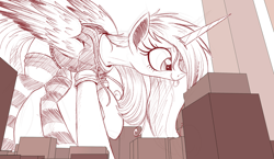 Size: 2000x1157 | Tagged: safe, artist:ncmares, princess cadance, alicorn, pony, big-pon, city, clothes, cute, cutedance, giant pony, hoodie, macro, monochrome, sketch, socks, solo, striped socks, tongue out