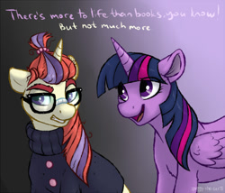 Size: 999x855 | Tagged: safe, artist:spiggy-the-cat, moondancer, twilight sparkle, twilight sparkle (alicorn), alicorn, pony, unicorn, dialogue, duo, female, handsome devil, lyrics, mare, the smiths