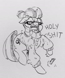 Size: 2268x2725 | Tagged: safe, artist:glacierclear, moondancer, /mlp/, clothes, dialogue, drawthread, floppy ears, glasses, lego, looking at you, messy mane, monochrome, open mouth, pain, raised hoof, raised leg, solo, stepping on a lego, sweater, this will end in tears and/or death, traditional art, turtleneck, vulgar, wide eyes, yelling