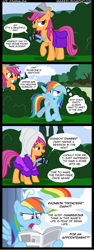 Size: 941x2497 | Tagged: dead source, safe, artist:veggie55, rainbow dash, scootaloo, pegasus, pony, ponyville confidential, bathrobe, camera, clothes, comic, hat, newspaper, older, older scootaloo, robe, saddle bag, towel